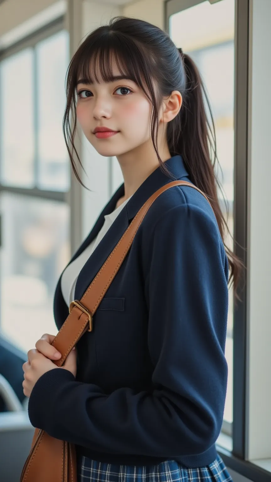 ( best quality, Masterpiece:1.3, super high resolution),(Very detailed, caustics,8k),( realistic:1.4,RAW shooting,Detailed face),(Girl holding on to leather strap),18 years old, cute,black hair ponytail,A big smile,( on the train),( standing), staring at t...