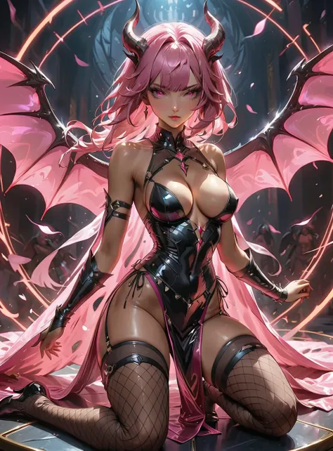 masterpiece, best quality, good quality, very aesthetic, absurdres, newest, 8K, depth of field, focused subject, 1girl, sexy succubus pink hair, bangs, sidelocks, dark skin, shimmering transparent robe with clothing cutouts, cleavage, underboob, covered ni...