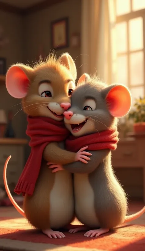 ( White  Mouse)
"The baby boy, wearing a red scarf, hugged his mother rat with love and appreciation. Both faces were smiling, in a warm house.