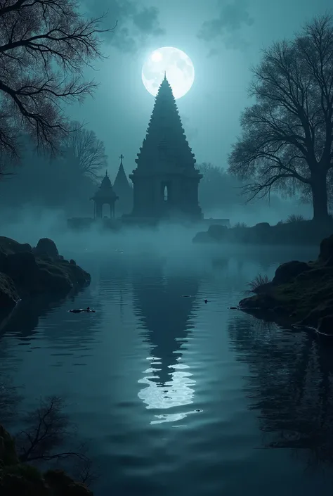 "A mystical, moonlit pond in Patan with eerie reflections, fog hovering over the water, and an ancient temple in the background