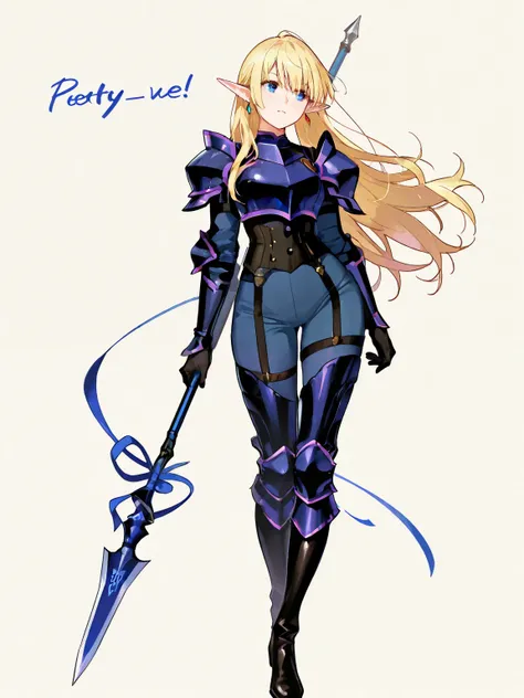 Earrings、 standing picture、 simple background , weapon、Elf、whole body、 plenty of dynamism、 holds a spear、 mid-waist、 forward leaning posture、 leather boots、armor