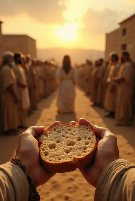 A hyper-realistic first-person image capturing the perspective of a Judean villager in the 1st century. Dust-covered hands hold a piece of bread, while in front, Jesus is preaching to a crowd dressed in simple tunics. The arid landscape, stone houses, and ...