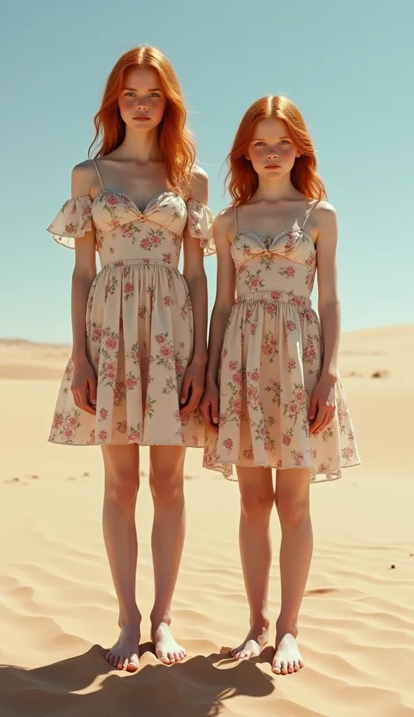 two barefoot   european obedient girls, Mother and daughter,   european,    fair skin ,   freckles, redheads, anorexic   , short dress with floral print, in the desert, 