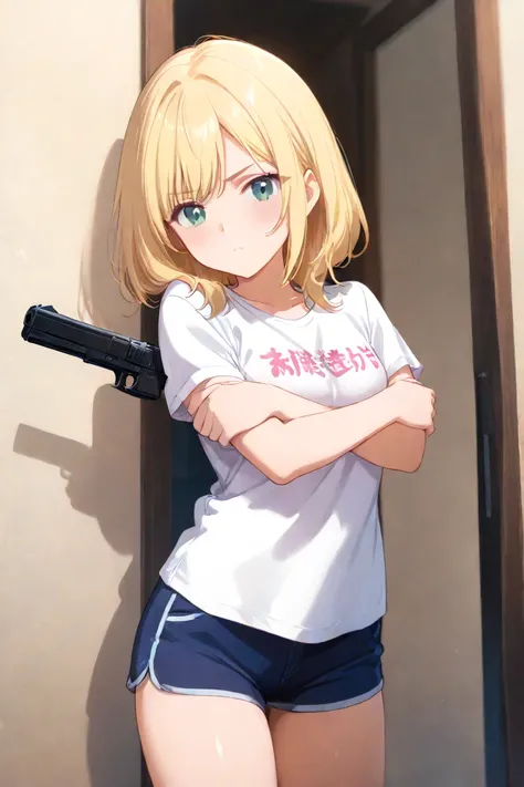 Anime woman wear t shirt and short pants with gun in his arms