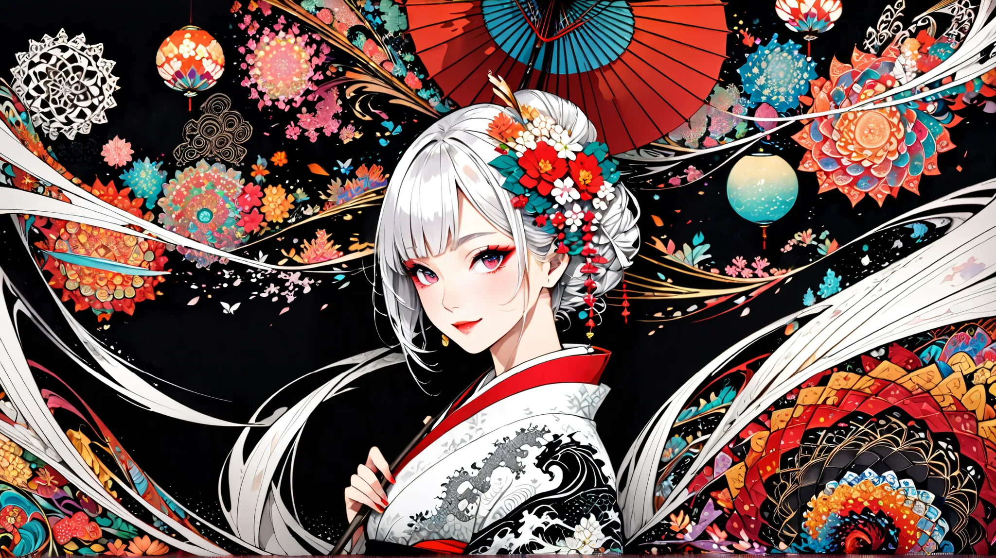 white fur stole,   smiles shyly, numerous beautiful Japanese umbrellas, very beautiful pattern  kimono, (((  black background , Red World))), 8k wallpaper with a sense of unity,  super detailed,  beautiful and artistic ,  best quality, (  zentangle , Manda...