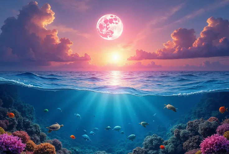 
“A breathtaking ocean scene featuring a glowing sunset over a crystal-clear sea. The shimmering waves reflect the vibrant hues of deep blue, turquoise, and purple. A mystical full moon rises in the background, casting an ethereal glow over the tropical pa...