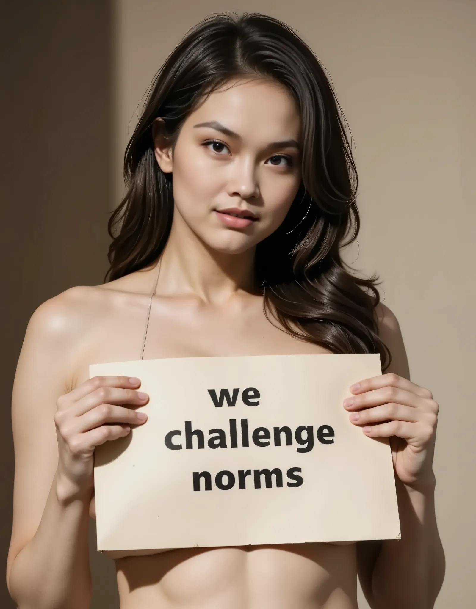 A nude woman soft smiling while holding a (sign that writes (("We challenge norms"))) In front of her, the sign is over her chest covering chest and nipple, (upper body shot)