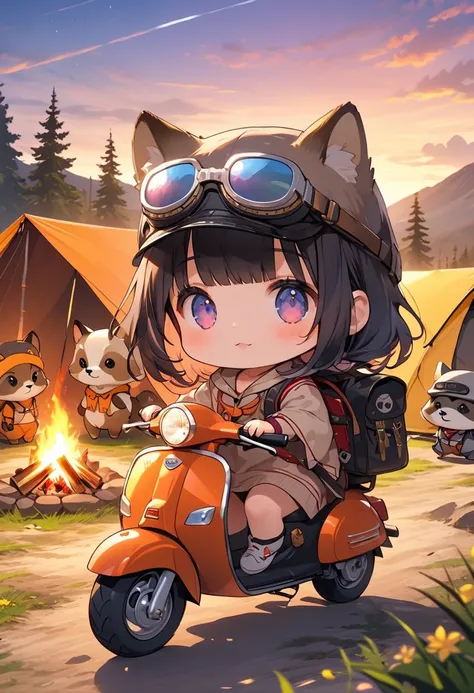  high detail on the face, Anime Illustration Style,  masterpiece,   Ultra Definition  ,  bright color, Pop Style, (((Cute Animals Road Trip))),Fox and Raccoon , goggles, poncho, Backpack,  in the sunset ,  scooter ,  tent,  camping, Bonfire,  Deformed Char...