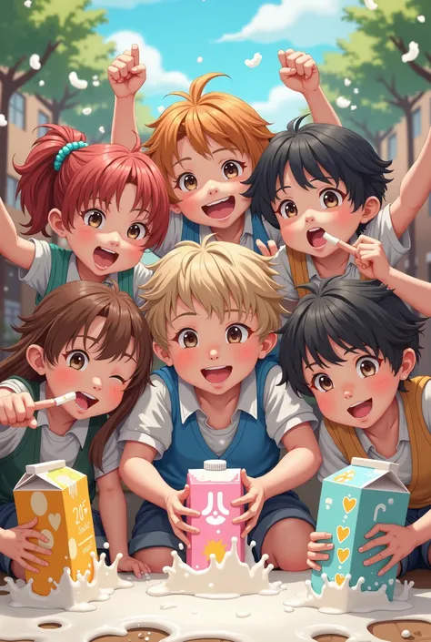 A group of boys and girls stained with milk and drinking milk anime heavily stained with milk