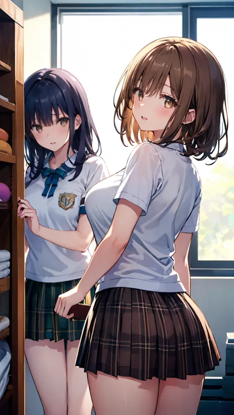 masterpiece, best quality, amazing quality, 2 girls side by side, , school gym uniform,white shirts,plain skirts, ((buruma)),(buruma in brown plaid skirts),the 2 girls are lifting up their skirts themselves, 18 years old, thick thighs,  sleeveless, (buruma...