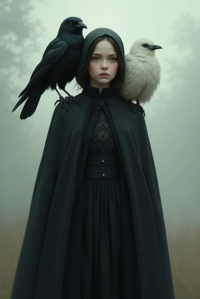 Make me an artificial intelligence picture of a slightly fat girl with a black owl on her shoulder and a white crow on her other shoulder wearing a long and hidden black dress 