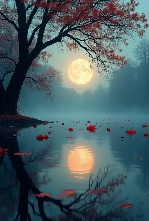 A full moon is seen through the branches of a tree over a body of water with red leaves on it, Cindy Wright, art photography, a microscopic photo, full moon
