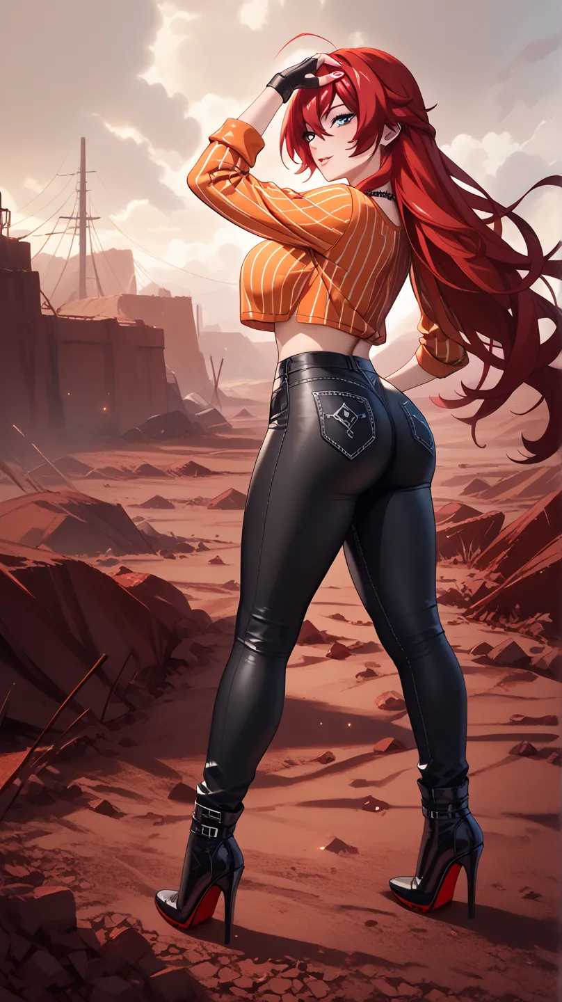   Sexy rias gremory, UHD,  wearing orange long sleeve shirt with short abdomen,  black leather pants , high heel shoes, fingerless gloves, necklace, red hair,  long hair,  big breasts, voluptuous, In a reddish wasteland, pose sexy,  of foot, pose sexy, Hig...