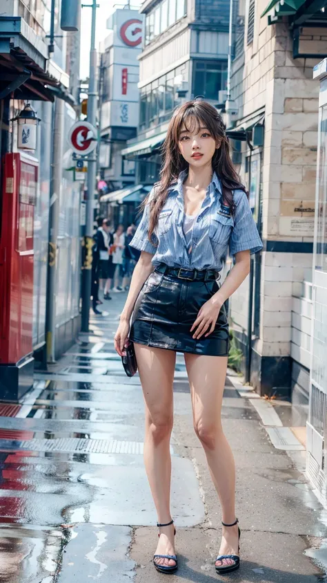 beautiful Japanese woman, 22 years old, perfect anatomy, healthy thighs, beautiful legs, beautiful skin, random hair color, random hairstyle, large breasts, female police officer, (Japanese police uniform:1.3), (miniskirt:1.3), (she is standing:1.2), full ...