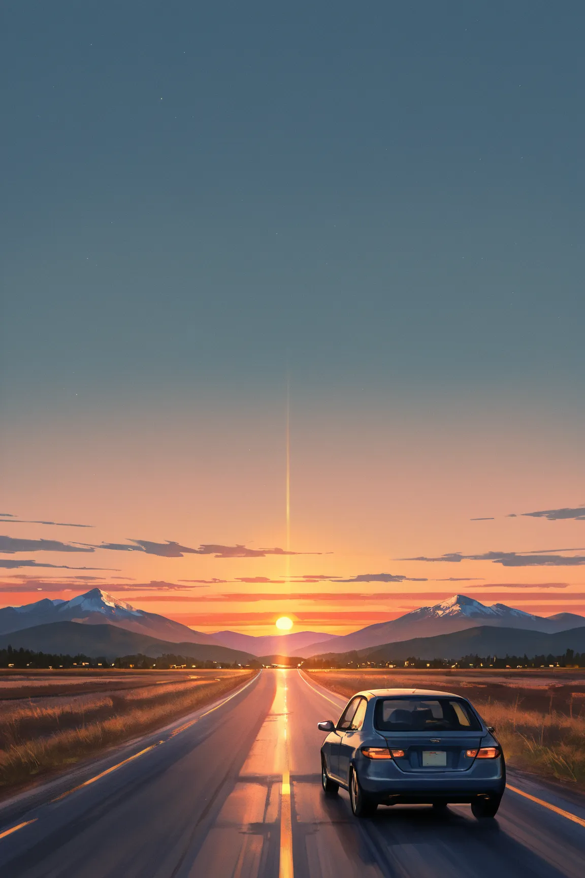 Road Trip at Sunset,  vast scenery , sunset, Sun Setting Across the Road, Majestic Mountain々, car, Moments of Free Travel, Rust-colored Skies, feeling of freedom of mind