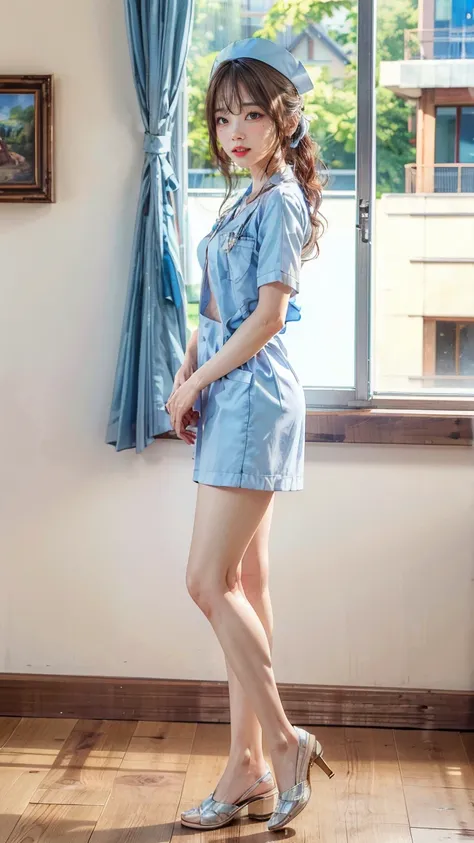 a beautiful young 24-year-old Japanese woman, beautiful, detailed anatomy, beautiful skin, random hair color and hairstyle, big breasts, nurse hat, (nurse uniform:1.3), nurse cap, (she is standing:1.2), full body shot, high heels, hospital, (best quality,8...