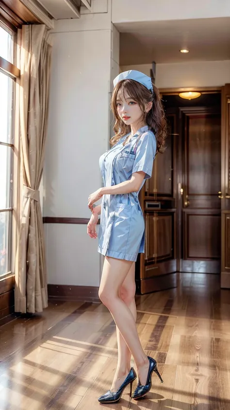 a beautiful young 24-year-old Japanese woman, beautiful, detailed anatomy, beautiful skin, random hair color and hairstyle, big breasts, nurse hat, (nurse uniform:1.3), nurse cap, (she is standing:1.2), full body shot, high heels, hospital, (best quality,8...