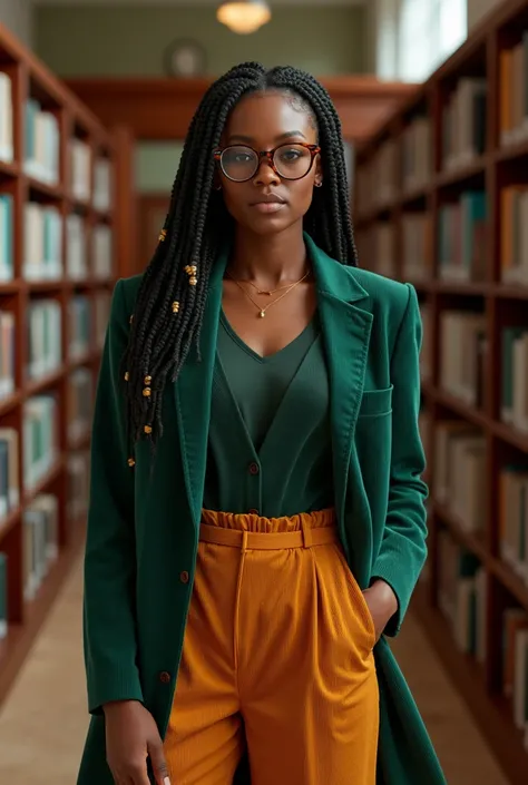 A curvaceous Black woman in a forest green corduroy blazer and high-waisted ochre paperbag waist trousers at a university campus library, adorned with tortoiseshell glasses and classic leather oxfords, her hair in neat cornrows with golden thread accents.
...