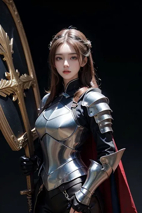   20 year old mature woman、 whole body、 Holy Knight，   dignified pose 、 Detailed Color,   detailed skin,  clear vinyl gloss armor with sword and shield 、 transparent PVC clothing  ,  Color Difference,   prism,  holographic ,   color gradation  、Snowstorm、 ...