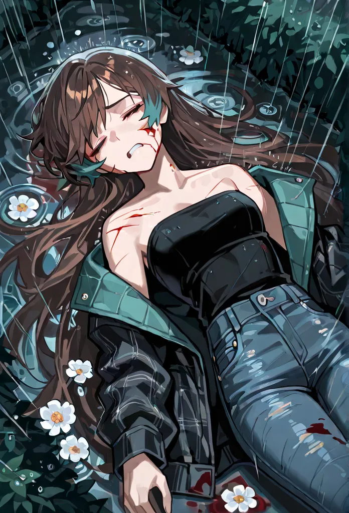 (masterpiece, best quality), solo, intricate details, JK, anime, ((close up, from above, unconscious, laying on ground, sad expression, grimace, eyes closed, brown hair, hair with teal highlights)), ((cuts, bloodied, blood on clothes, blood on face)),  ver...