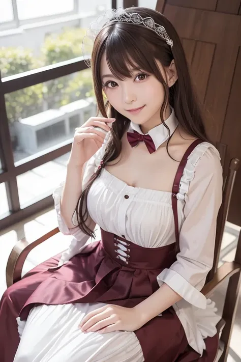  Realistic Photo Quality 、Japanese model in a silver and maroon dress is sitting on a chair、Anime girls cosplay 、Gorgeous maid、Maid Costume、  Maid Dress,  japanese maid cafe, looking at camera、Detailed and beautiful eyes、 cute smiles 、 soft and gentle expr...