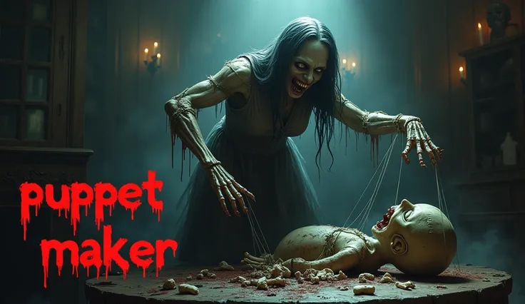 A horrible ghost zombie woman tearing up the peppet in haunted room and also write "Puppet Maker" In Bloody Red in left side 