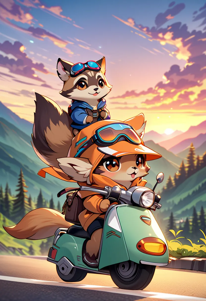 cute animal road trip, a fox and a raccoon, goggles, ponchos, backpack, riding scooters on a mountain road at sunset, transforming chibi style characters, anime art style, bright colors, pop style, ultra-detailed, masterpiece, (((adorable animals))), fanta...