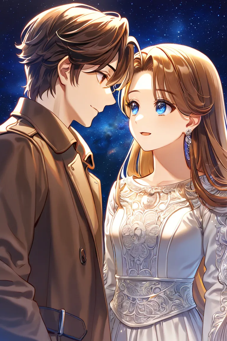 absurdres, highres, ultra detailed, HDR, master 
, best quality, 1 male 1 female, talking, facing each other, 25 years old,universe background, night sky background, half body

Male character - brown hair, blue eyes, brown trench coat, smiling, handsome 

...