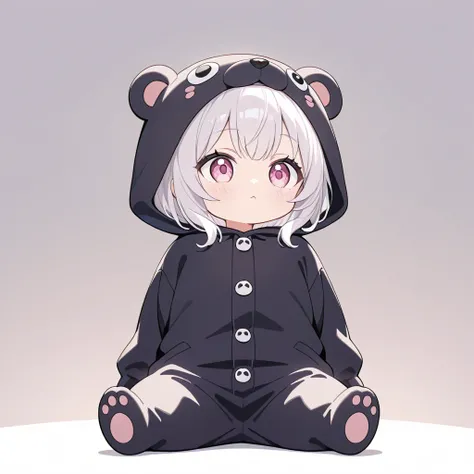 Ultra high quality, 8K, 16K, very high quality, very cute little character, girl in black bear costume, detailed face, detailed eyes, big eyes, pink eyes, silvery white hair, simple background wide angle full body shot, sharp detail, The figure sitting on ...