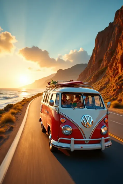 {{A ((vibrant and exhilarating)) depiction of {a Volkswagen T1 van speeding down a coastal highway at sunset}}} with {((motion blur accentuating the movement, surfboards strapped to the roof, and laughter echoing from within))}. This is a {((high-energy do...