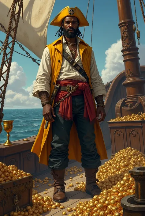 A black man wearing a yellow beret with the logo of sealords on it with a pyrate’s dressing on a ship filled with treasures 