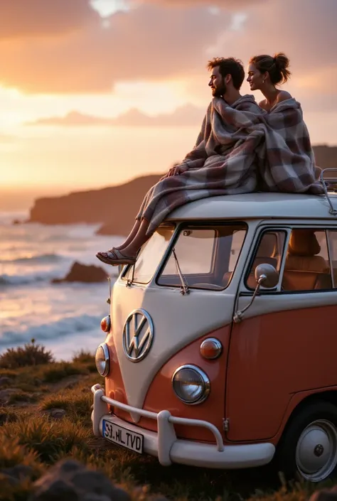 {{A ((serene and intimate)) depiction of {a Volkswagen T1 van parked at a cliffside viewpoint during sunset}}} with {((a couple sitting on the roof, wrapped in a blanket, gazing at the horizon with smiles of quiet contentment))}. This is a {((romantic and ...