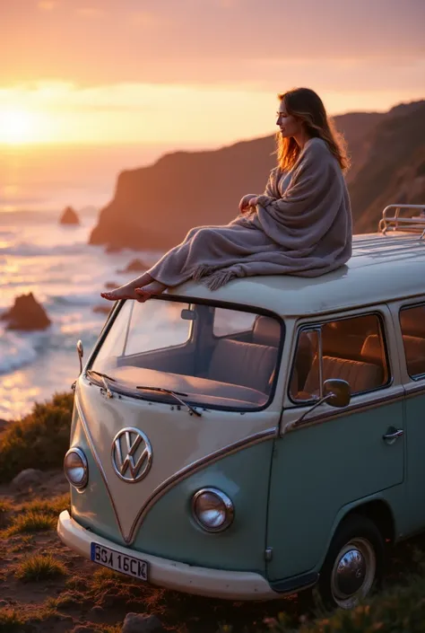 {{A ((serene and intimate)) depiction of {a Volkswagen T1 van parked at a cliffside viewpoint during sunset}}} with {((a couple sitting on the roof, wrapped in a blanket, gazing at the horizon with smiles of quiet contentment))}. This is a {((romantic and ...