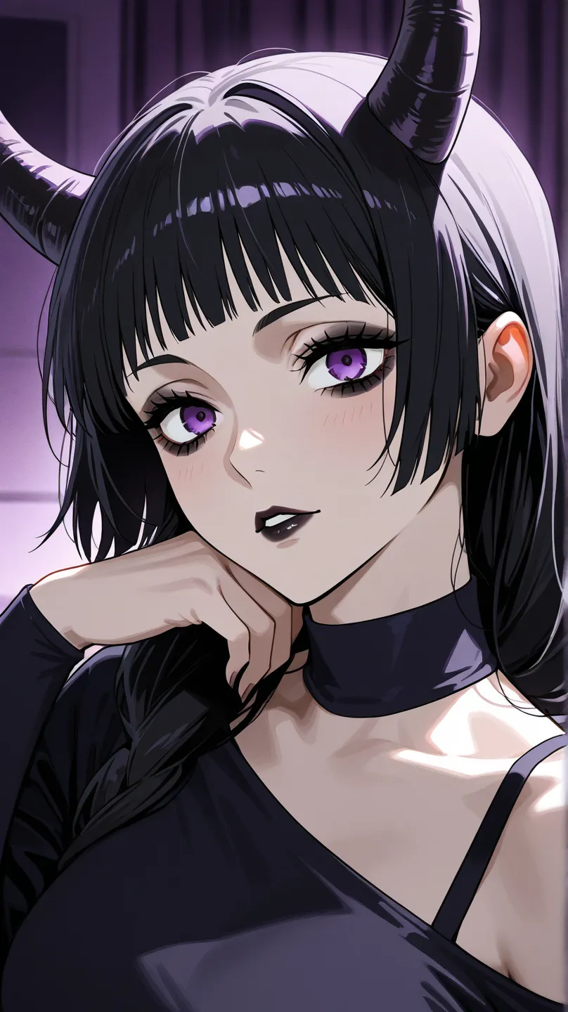  She's a woman with black hair, With purple eyes.. She wears very dark makeup and then she has horns on her head en mode jujutsu kaisen