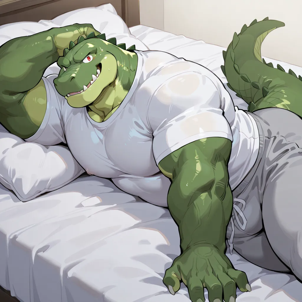 Green alligator#  in red eyes # furry# Glossy Body #wear white sweatpants#  White Shirt# smile# in the bedroom# (Sit drawing on the bed)