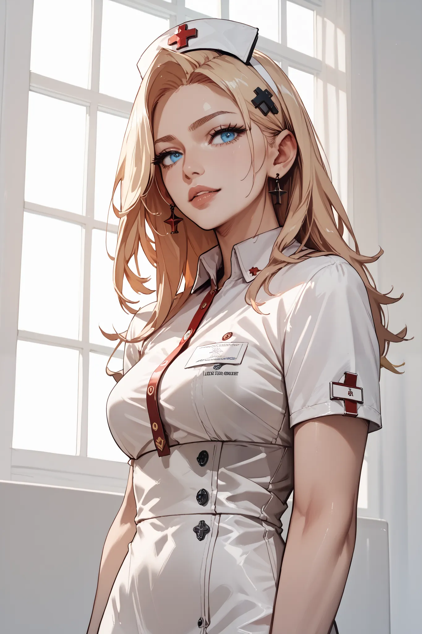 1female, long blond hair, blue eyes, proper nurse outfit, mental hospital, medium breasts, masterpiece, best quality, high-resolution