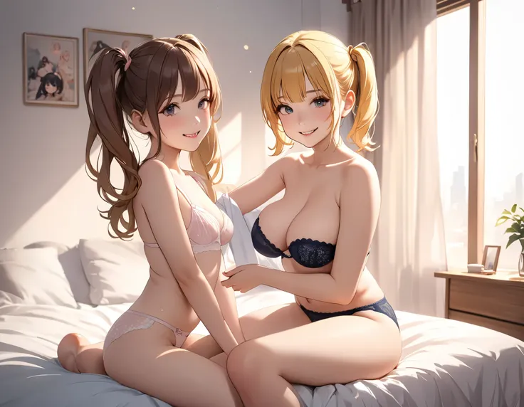 Masterpiece, top quality, high resolution, anatomically correct.
Two beautiful girls in the picture. Petite, like faces. She has big tits and beautiful legs. Black and blonde hair. Twintails, ponytails.
They are both wearing underwear.
Bedroom at home. The...