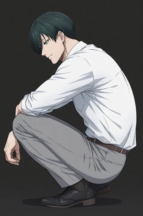 masterpiece, best quality, amazing quality, very aesthetic, vibrant colors, 1boy, male focus, Itoshi Rin, Blue Lock, teal eyes, underlashes, dark green hair, short hair, sexy man, handsome, mature male, white shirt, pants, black footwear, solo, smiling, ya...