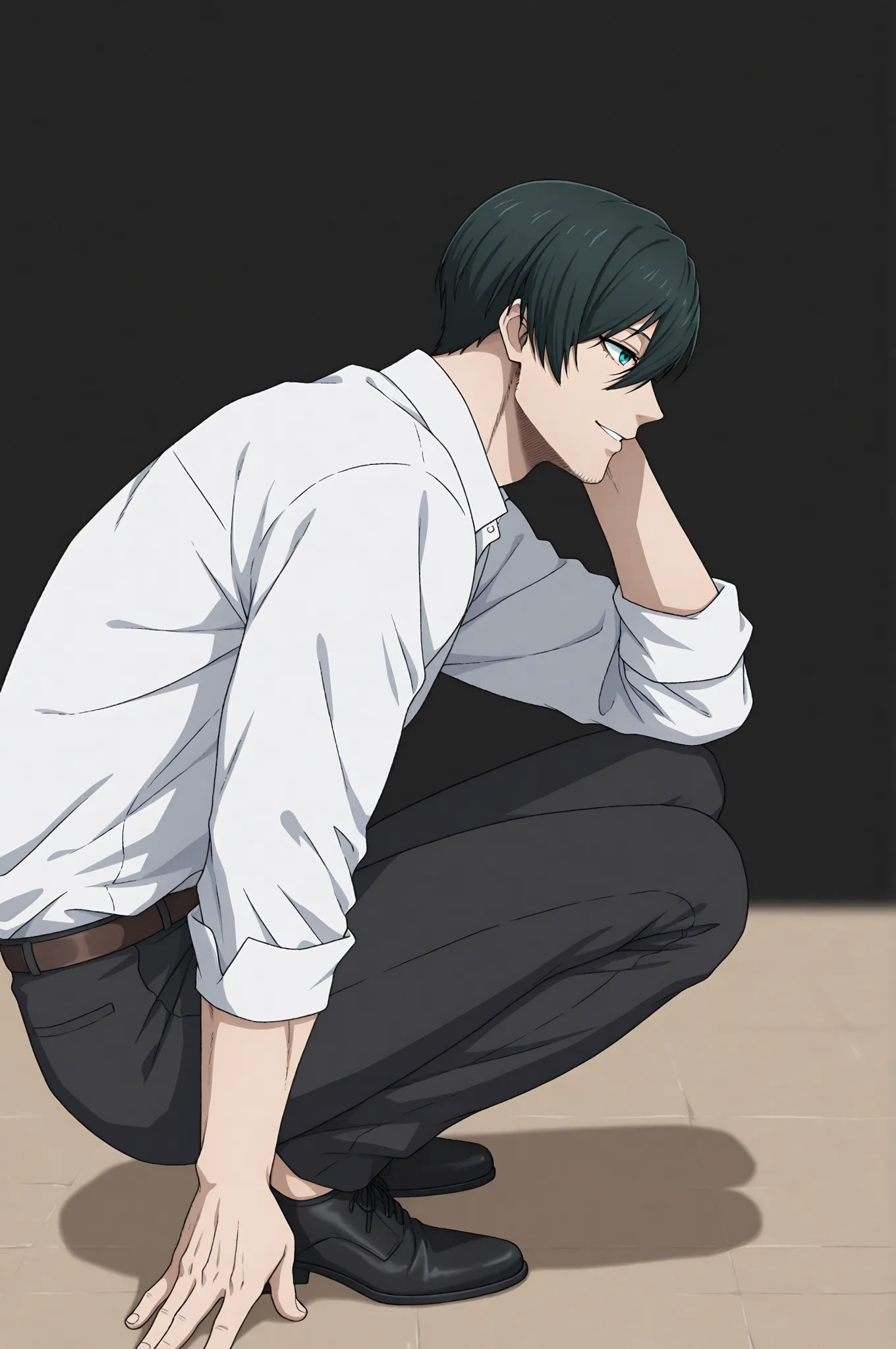 masterpiece, best quality, amazing quality, very aesthetic, vibrant colors, 1boy, male focus, Itoshi Rin, Blue Lock, teal eyes, underlashes, dark green hair, short hair, sexy man, handsome, mature male, white shirt, pants, black footwear, solo, smiling, ya...