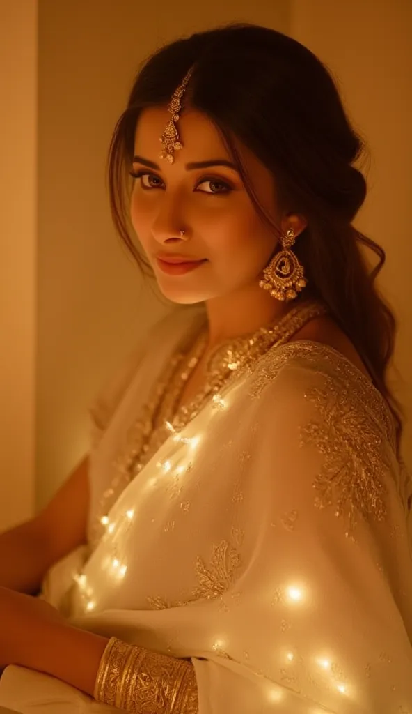 A portrait of a woman, captured in a warm, golden hue. She is adorned in a white, traditional outfit with intricate gold detailing, including a maang tikka on her forehead. The woman's pose is relaxed, with her gaze directed towards the camera, exuding a s...