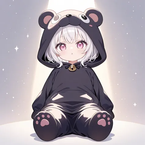 Ultra high quality, 8K, 16K, very high quality, very cute little character, girl in black bear costume, detailed face, detailed eyes, big eyes, pink eyes, silvery white hair, simple background wide angle full body shot, sharp detail, The figure sitting on ...