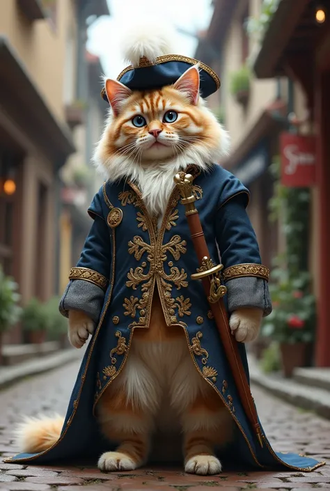 A Himalayan Persian cat in the form of a musketeer dressed as a musketeer on a 17th-century French street