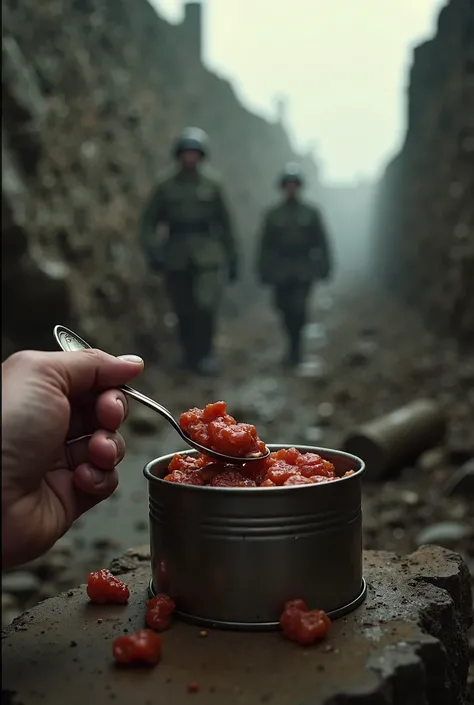 Create a cinematic first person perspective scene set in a war trench.The viewer is holding a spoon and goes to scoop spam meat form a tin,surrounded by a war torn background. Make the viewer's right hand hold the spoon.add other soldiers in the background