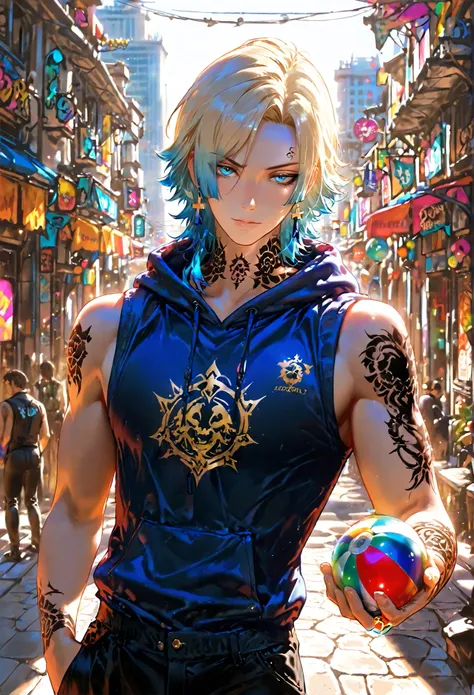 masterpiece,michael kaiser,blue eyes, boy, masculine, arrogant, looking at viewer, front view, blonde hair,blue hair,tattoo,neck tattoo, best quality:1.4), colorful, high contrast, hoodie, sleeveless, black pants, city, ball in hand, day, sunlight