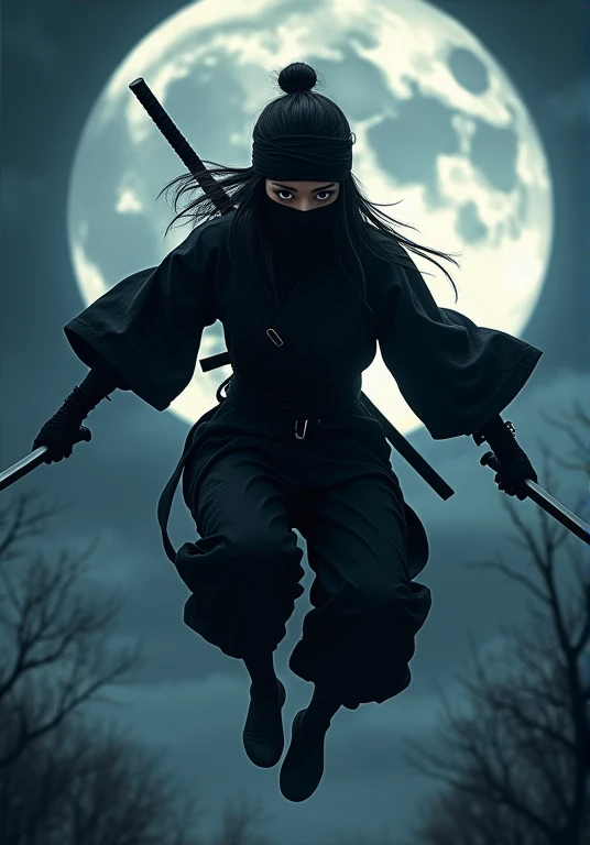 bestseller 「I will teach you how to make sure that everyone publishes a Kindle book in 1 day」Cover design for 。 Masterpiece。Silhouette of a female ninja jumping high。(((Moon in the background))),  ((( Female Ninja from the Warring States Period ))),  (( a ...