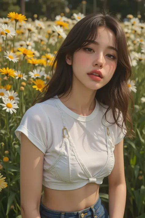 a closeup of a woman in a field of flowers, CropTop, with short torn t-shirt, crop top, vistiendo un crop top sexy, wearing crop top, usando un crop tops, wearing a crop top, wearing a beautiful top, beautiful top, usando un crop top, open chest clothing, ...