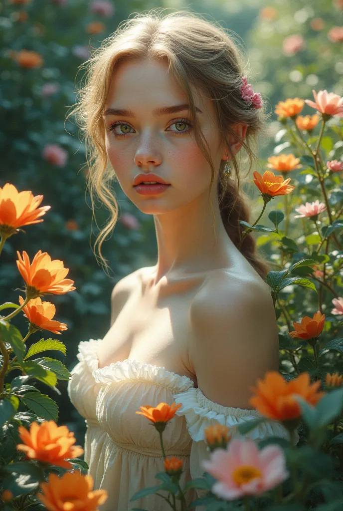 A beautiful fair-skinned girl is standing in the flower garden