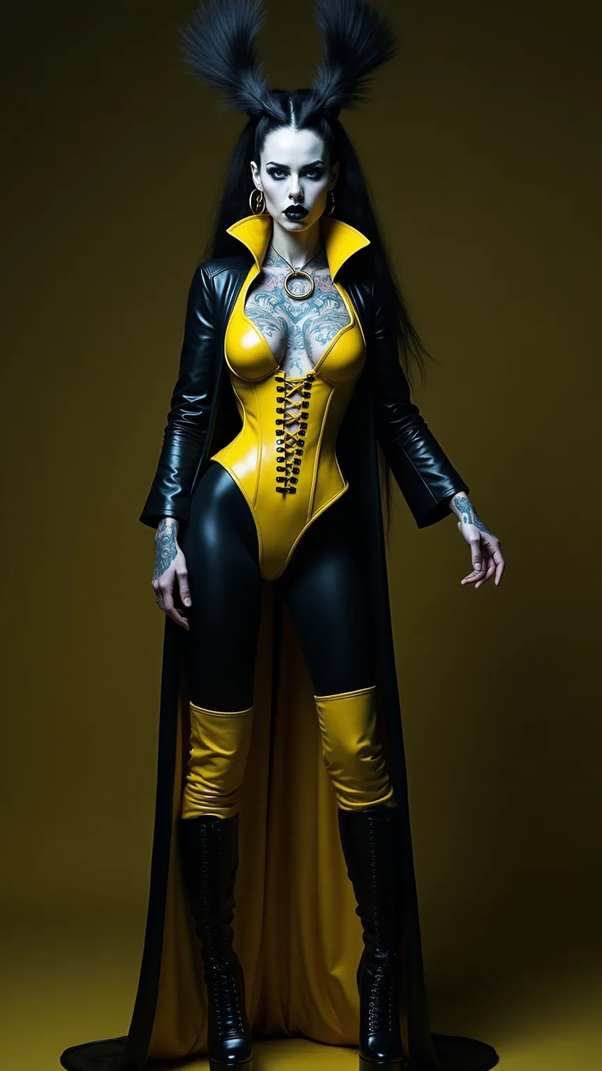 ANGELINA JOLIE, Dominatrix  , pale skin, vampire, nosferatu, dracula, BDSM, blue yellow latex , brilliant, metallic, corps latex noir, leggings en latex noir,   latex Japanese latex kimono  , yellow latex over the knee boots stiletto platform, yellow latex...