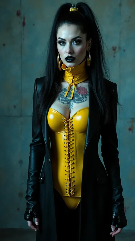 ANGELINA JOLIE, Dominatrix  , pale skin, vampire, nosferatu, dracula, BDSM, blue yellow latex , brilliant, metallic, corps latex noir, leggings en latex noir,   latex Japanese latex kimono  , yellow latex over the knee boots stiletto platform, yellow latex...