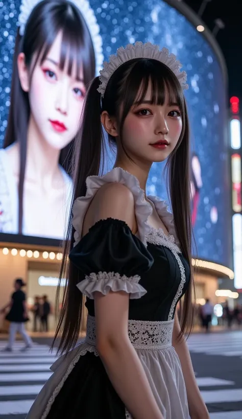 ultra-realistic, photorealistic, dramatic scene, shadow, global-illumination, solo, (age Japanese famous idol girl), very beautiful fragile Japanese girl, very beautiful with very cute face, black long twin tails, (wearing a traditional maid costume with f...